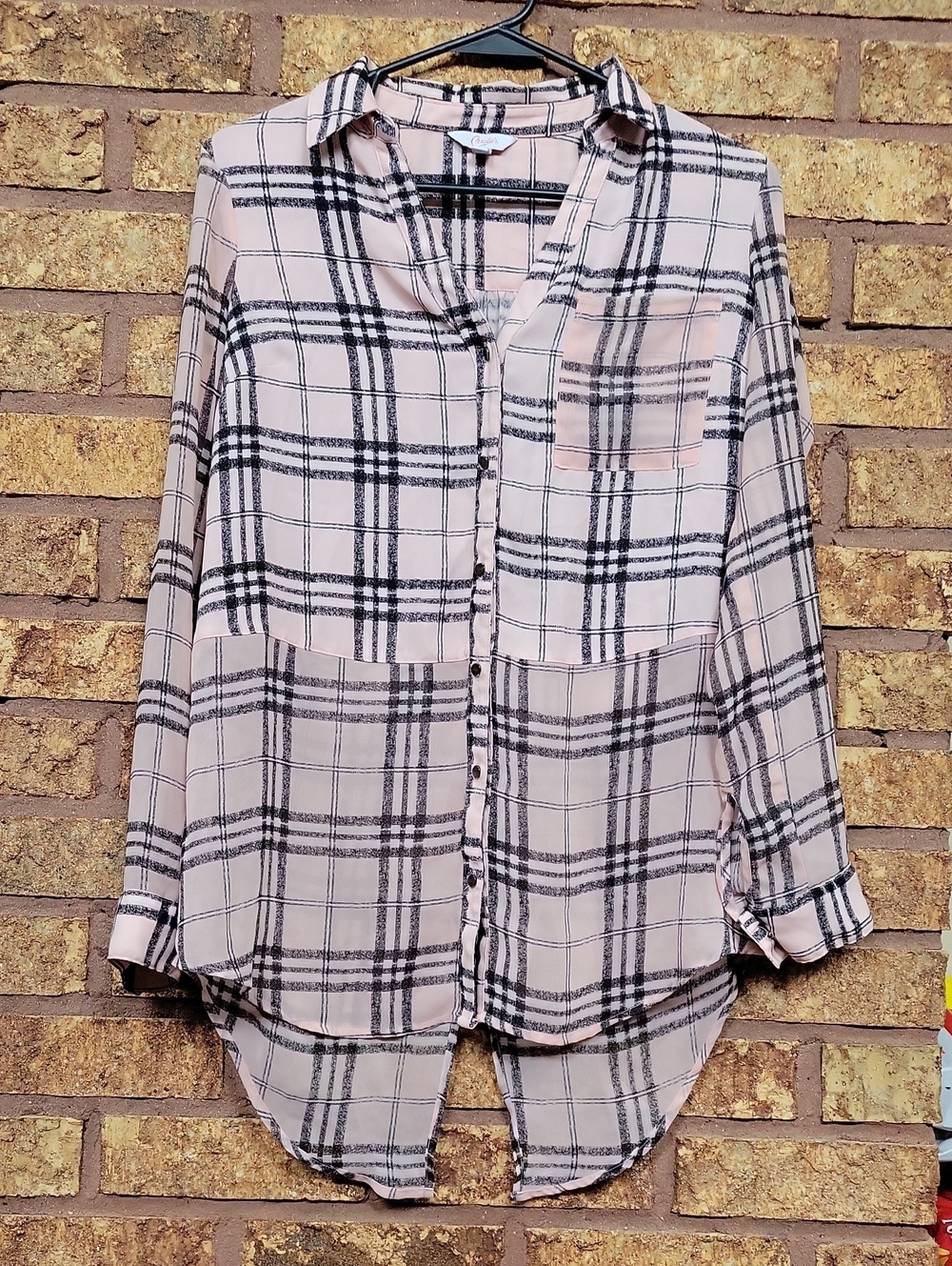 Candie's Pink and Black Plaid Button-Down Shirt Size Small